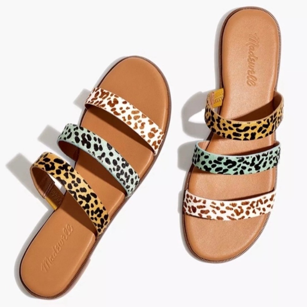 MADEWELL‎ | Ilana Animal Print Strappy Calf Hair Leather Slide Sandals